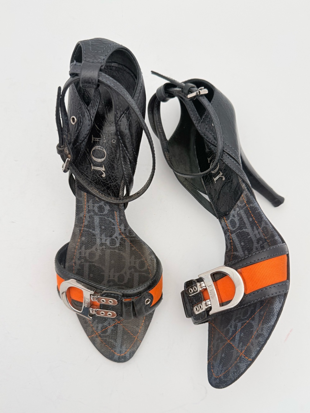Christian Dior Flight Line Denim Trotter Heels 38.5 Black Orange D Buckle Y2K